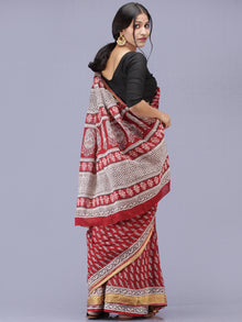 Deep Red Ivory Black Bagh Printed Maheshwari Cotton Saree - S031704176