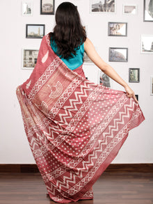 Rosewood Pink White Hand Block Printed Cotton Mul Saree - S031703173