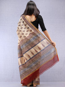 Ivory Indigo Maroon Hand Block Printed Chanderi Saree With Geecha Border - S031704520