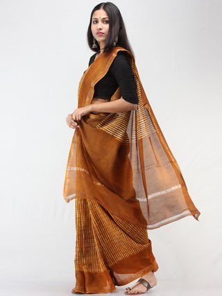 Mustard Brown Ivory Maheshwari Silk Hand Block Printed Saree With Zari Border - S031704468