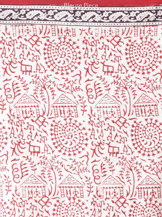Deep Red Ivory Black Bagh Printed Maheshwari Cotton Saree - S031704176