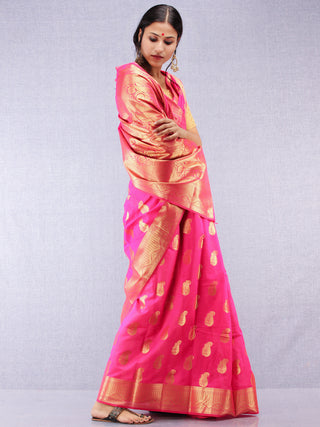 Banarasee Semi Silk Saree With Zari Work - Hot Pink & Gold - S031704367
