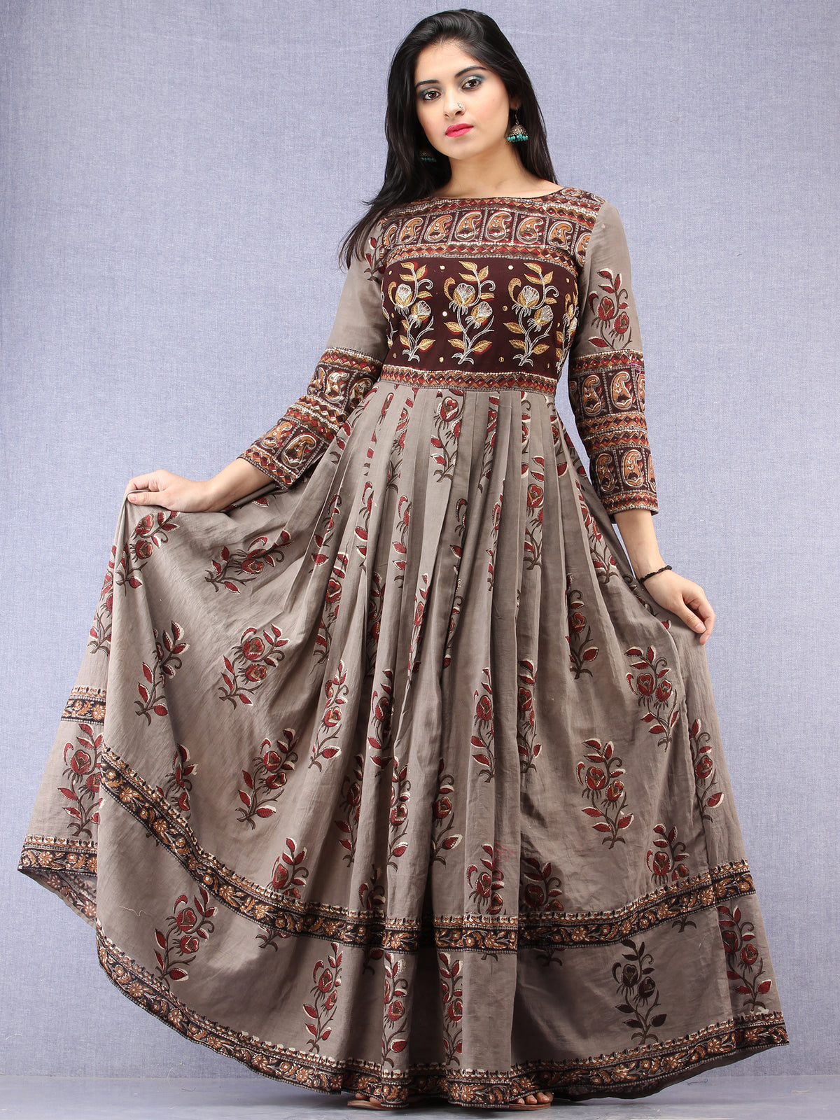 Naaz Falak - Hand Block Mughal Printed Long Cotton Embroidered Dress - DS106F001