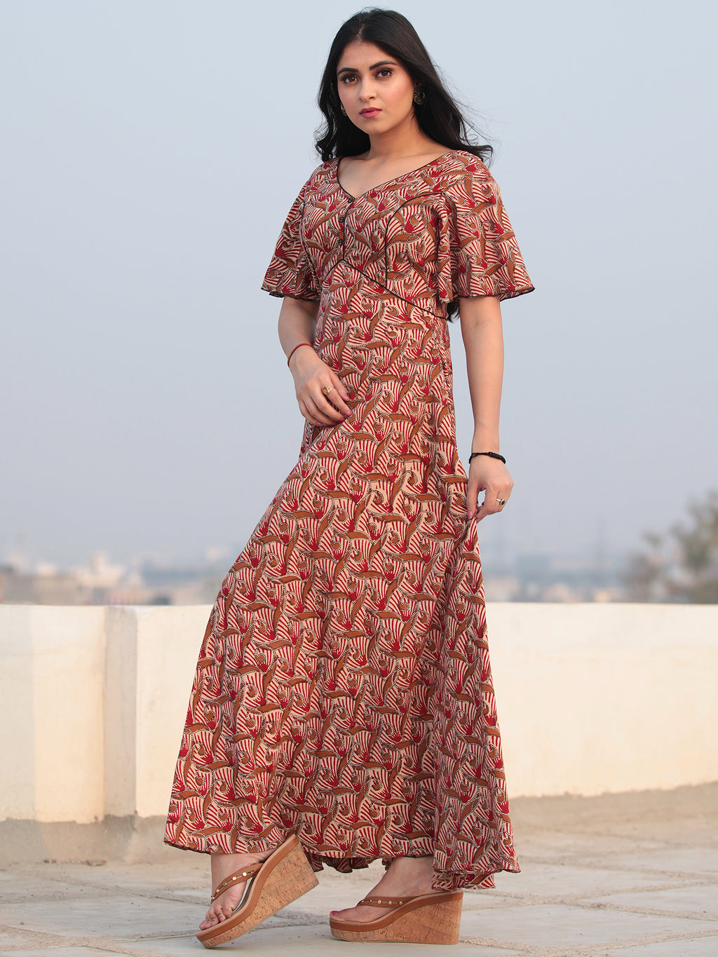 Lotus Print Golden Long Dress