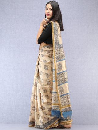 Ivory Indigo Hand Block Printed Chanderi Saree With Geecha Border - S031704492
