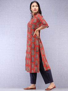 Red Indigo Hand Block Printed Kurta With Stand Collar  - K201F1827