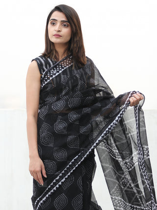 Black & White Hand Block Printed Kota Doria Saree  - S031704080