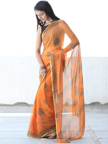 Orange Green Hand Block Printed Chiffon Saree with Zari Border - S031703924