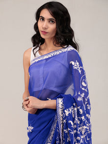 Royal Blue Aari Embroidered Georgette Saree From Kashmir - S031704636