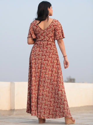 Red Beige Hand Block Printed V Back Ruffle Sleeves Cotton Long Dress D462F2132