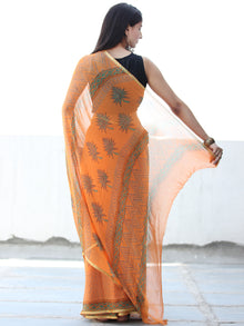 Orange Green Hand Block Printed Chiffon Saree with Zari Border - S031703924