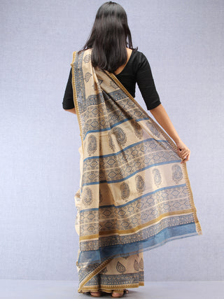 Ivory Indigo Hand Block Printed Chanderi Saree With Geecha Border - S031704492