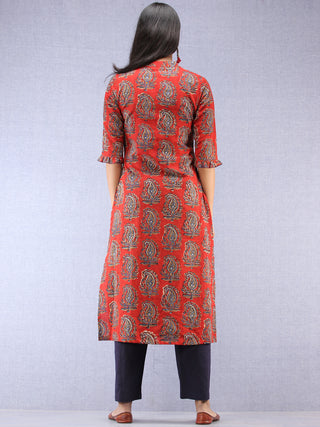 Red Indigo Hand Block Printed Kurta With Stand Collar  - K201F1827