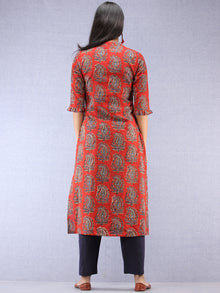 Red Indigo Hand Block Printed Kurta With Stand Collar  - K201F1827