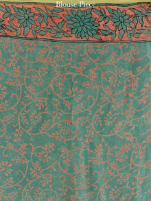 Green Coral Hand Block Printed Chiffon Saree with Zari Border - S031704596