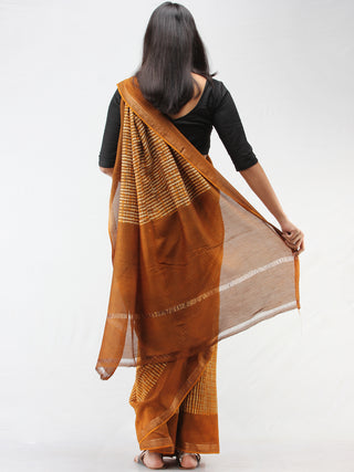 Mustard Brown Ivory Maheshwari Silk Hand Block Printed Saree With Zari Border - S031704468