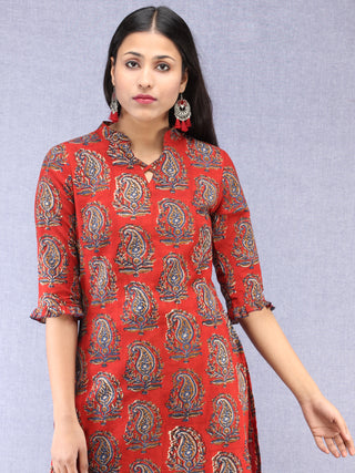 Red Indigo Hand Block Printed Kurta With Stand Collar  - K201F1827