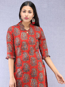 Red Indigo Hand Block Printed Kurta With Stand Collar  - K201F1827
