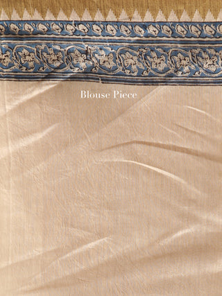 Ivory Indigo Hand Block Printed Chanderi Saree With Geecha Border - S031704492