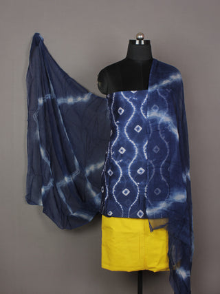 Indigo Ivory Yellow Hand Shibori Dyed Chanderi Kurta & Chiffon Dupatta With Cotton Salwar Fabric Set of 3- S1628203