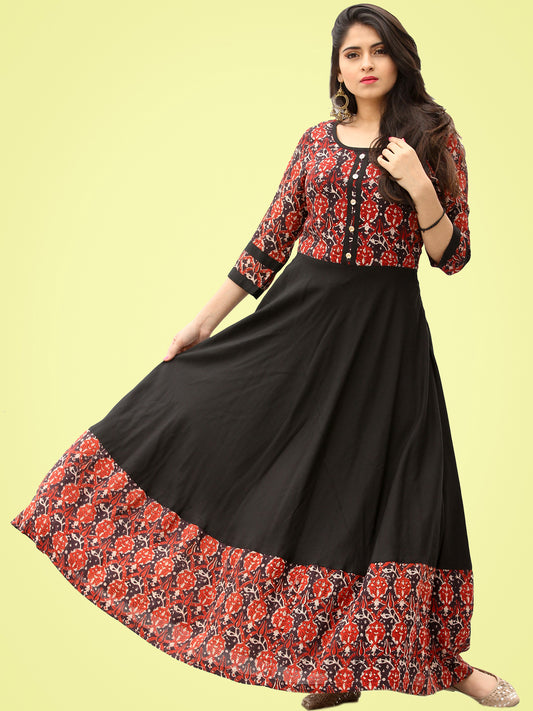 Tareen - Black Maroon Hand Block Printed Long Dress  - D150F2136