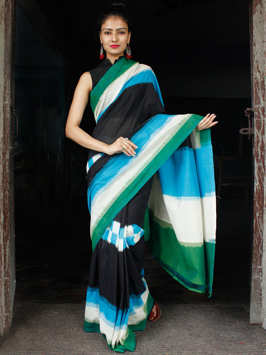 Sky Blue Bottle Green Black White Ikat Handwoven Mercerised Cotton Saree - S031703623