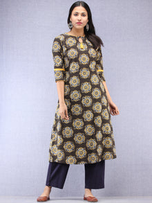 Charcoal Black Mustard Ajrakh Hand Block Printed Kurta With Side Pockets  - K202F1822