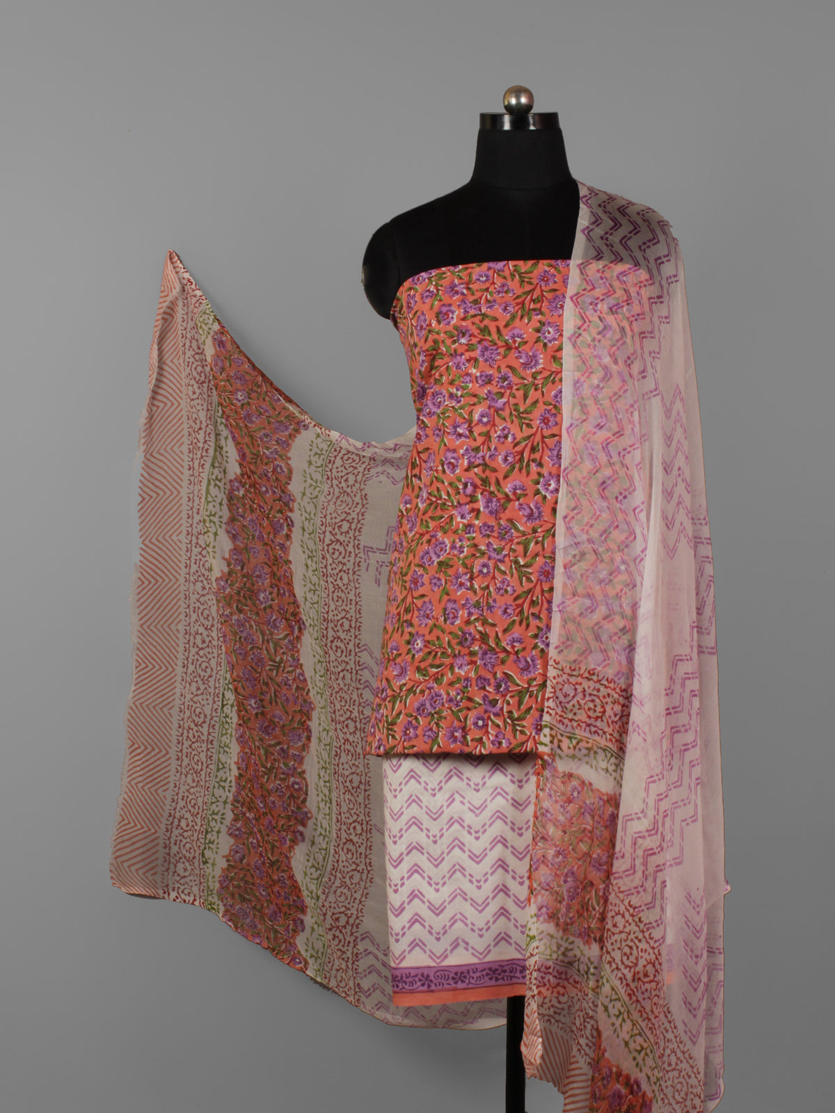 Dark Peach Purple Green Hand Block Printed Cotton Suit-Salwar Fabric With Chiffon Dupatta (Set of 3) - S16281291