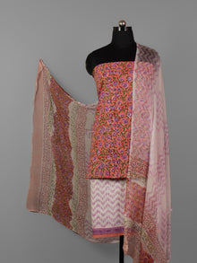Dark Peach Purple Green Hand Block Printed Cotton Suit-Salwar Fabric With Chiffon Dupatta (Set of 3) - S16281291