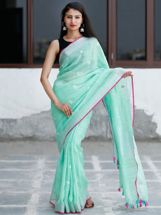 Pastel Green Silver Handwoven Linen Embroidered Saree With Zari Border & Tassels - S031704031
