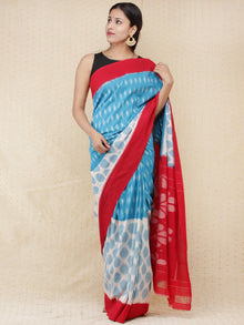 Sky Blue Ivory Red Ikat Handwoven Pochampally Mercerized Cotton Saree - s031704164