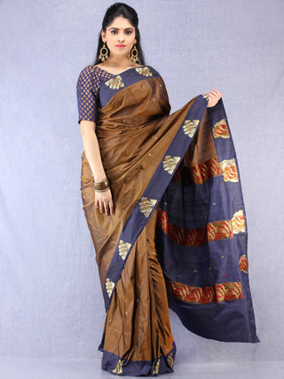 Banarasee Katan Silk Saree With Zari Work - Brown Blue Gold Green - S031704321