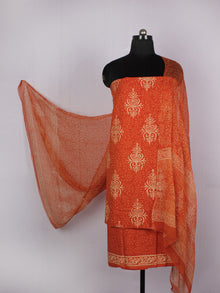 Orange Beige Hand Block Printed Cotton Suit-Salwar Fabric With Chiffon Dupatta - S16281227