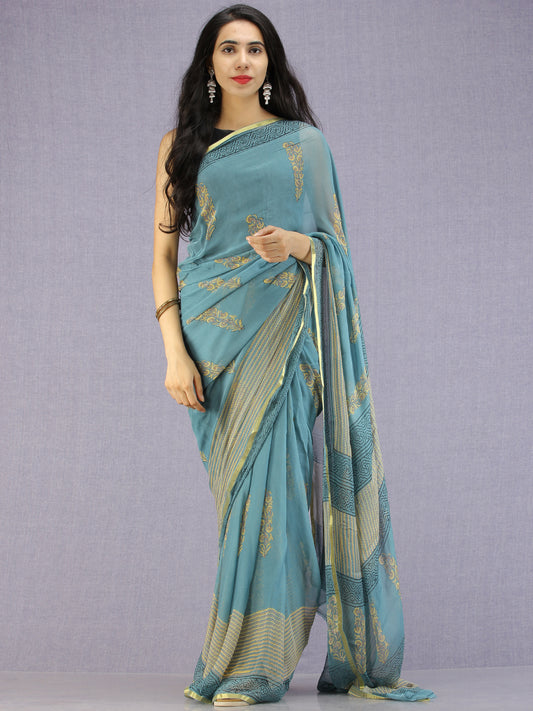 Steel Blue Yellow Hand Block Printed Chiffon Saree with Zari Border - S031704597