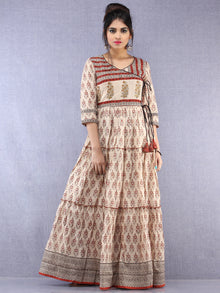 Naaz Mahira - Hand Block Printed Long Cotton Tiered Embroidered Angrakha Dress - DS89F001