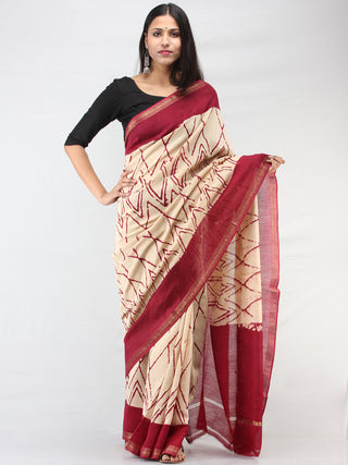 Ivory Maroon Hand Block Printed Maheshwari Silk Saree With Zari Border - S031704467