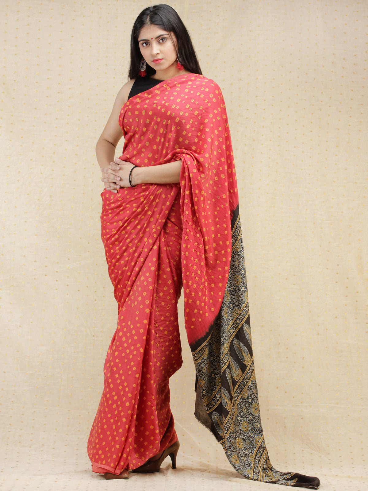 Coral Mustard Black Bandhej Modal Silk Saree With Ajrakh Printed Pallu & Blouse - s031704144