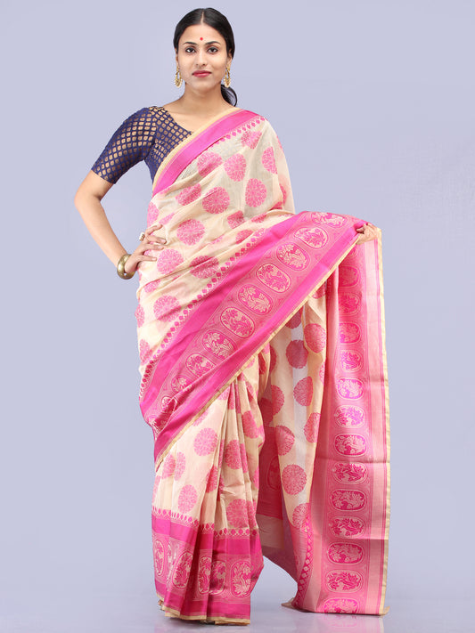 Banarasee Chanderi Saree With Resham Border & Butta - Ivory & Pink - S031704302