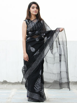Black & White Hand Block Printed Kota Doria Saree  - S031704081