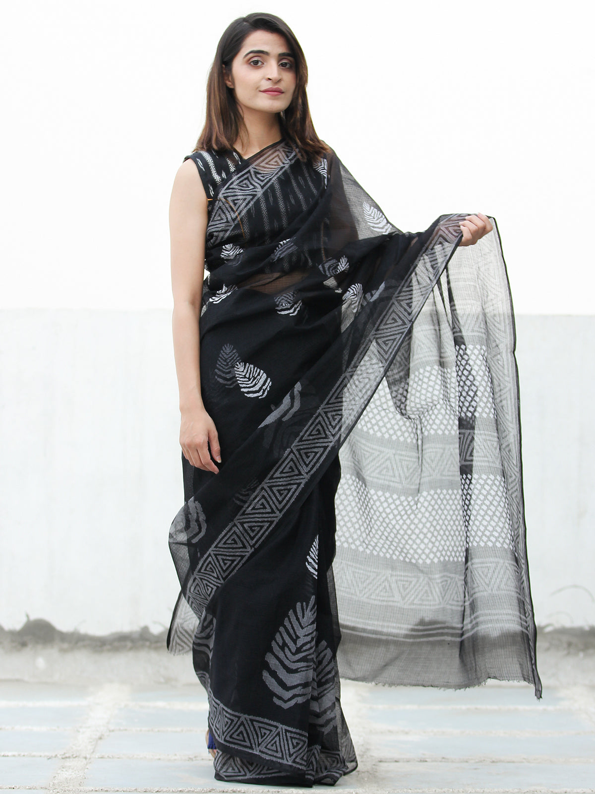 Black & White Hand Block Printed Kota Doria Saree  - S031704081