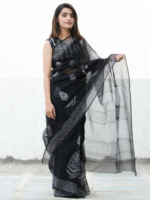 Black & White Hand Block Printed Kota Doria Saree  - S031704081