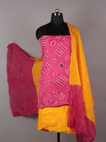 Pink Yellow White Hand Tie & Dye Bandhej Suit Salwar Dupatta (Set of 3) With Hand Embroidery & Mirror Work - S16281253