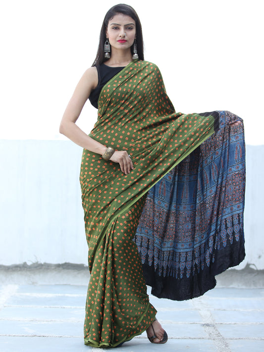 Green Rust Indigo Black Bandhej Modal Silk Saree With Ajrakh Printed Pallu & Blouse - S031703885