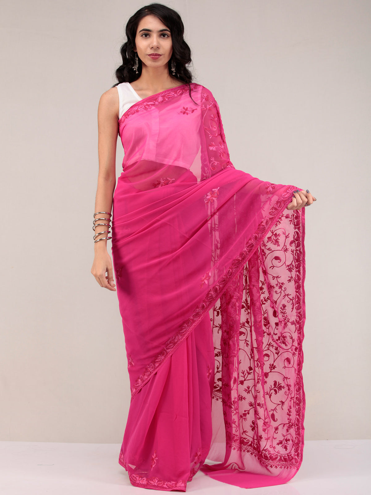 Pink Aari Embroidered Georgette Saree From Kashmir - S031704637