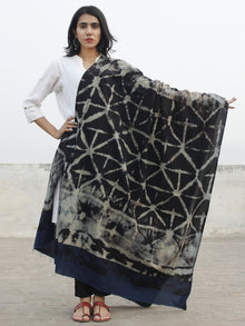 Black Indigo Ivory Mughal Nakashi Ajrakh Hand Block Printed Cotton Dupatta - D04170182