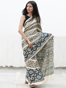 Ivory Indigo Black Brown Ajrakh Hand Block Printed Modal Silk Saree in Natural Colors - S031703707