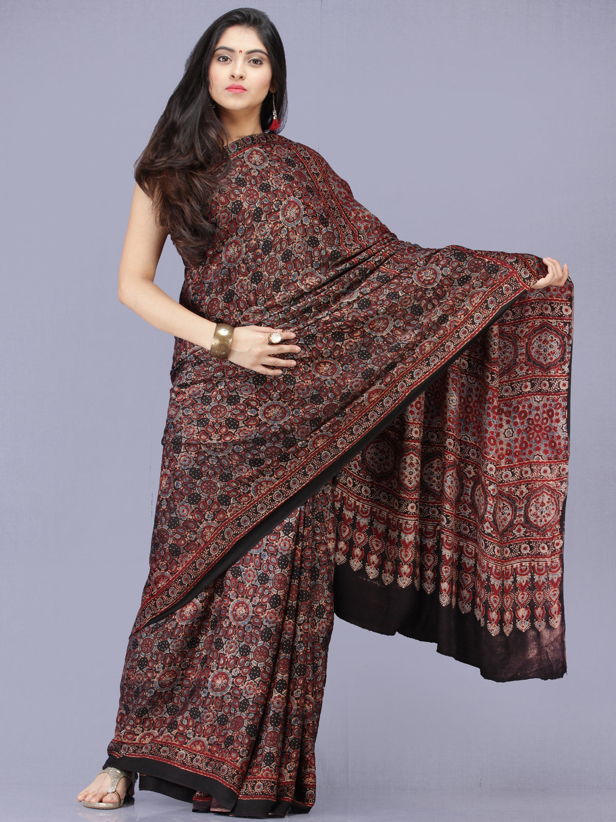Black Maroon Indigo Ajrakh Hand Block Printed Modal Silk Saree - S031704186