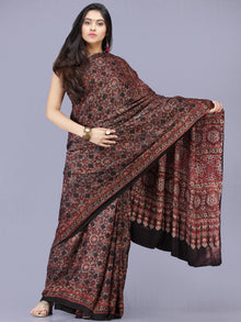 Black Maroon Indigo Ajrakh Hand Block Printed Modal Silk Saree - S031704186