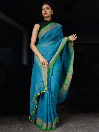 Blue Green Handwoven Linen Saree With Zari - S031703454