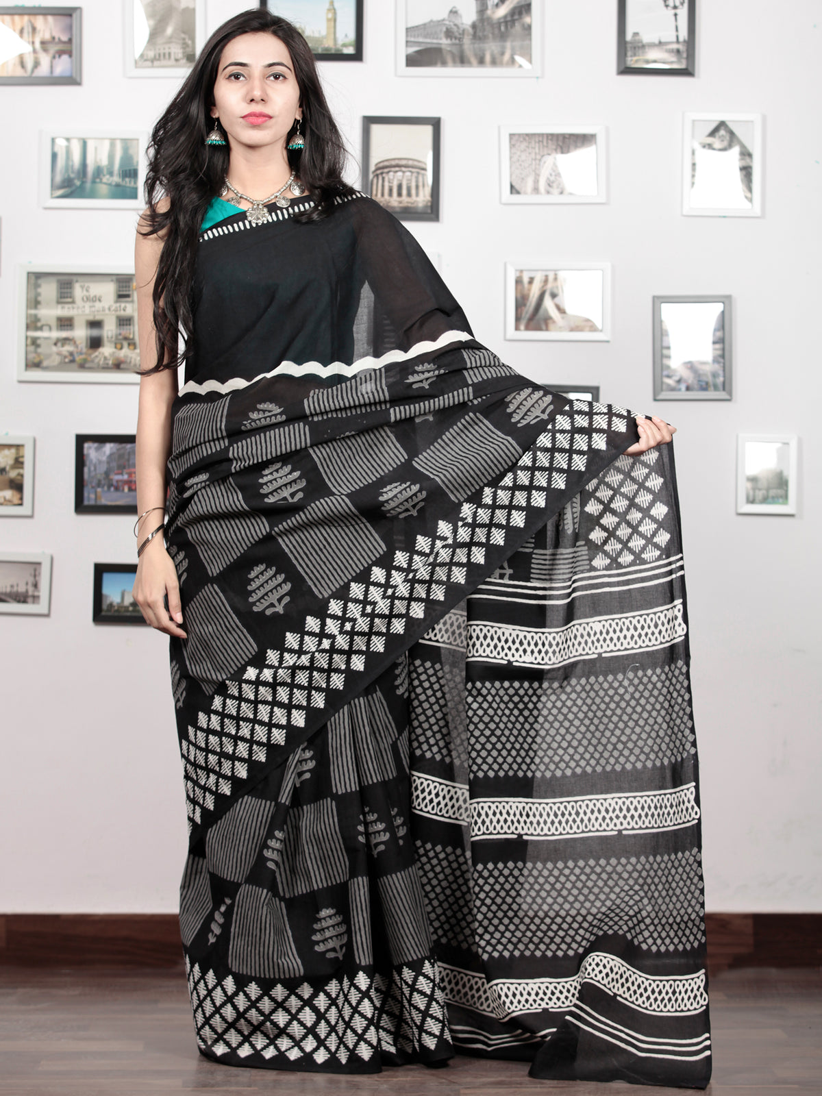 Black White Grey Hand Block Printed Cotton Mul Saree   - S031703030